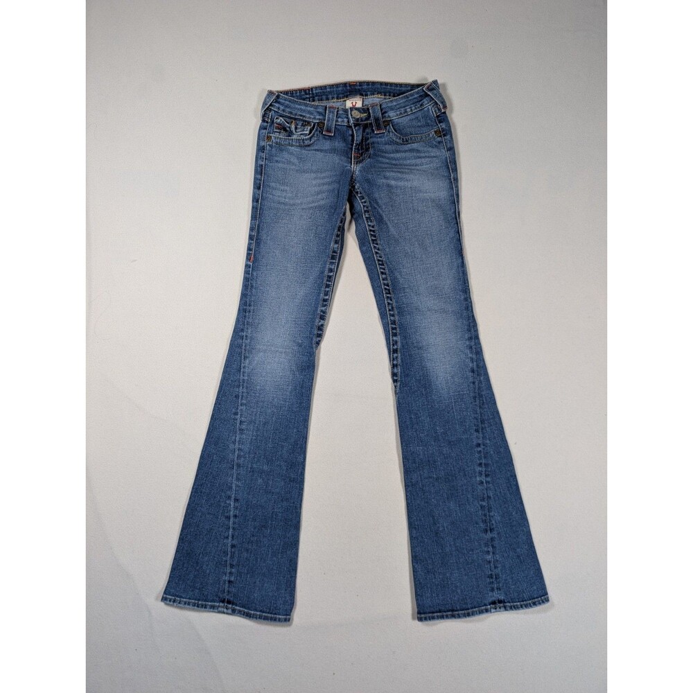 True Religion Joey Flare Jeans Medium Wash Low Rise Twisted Inseam Size 27